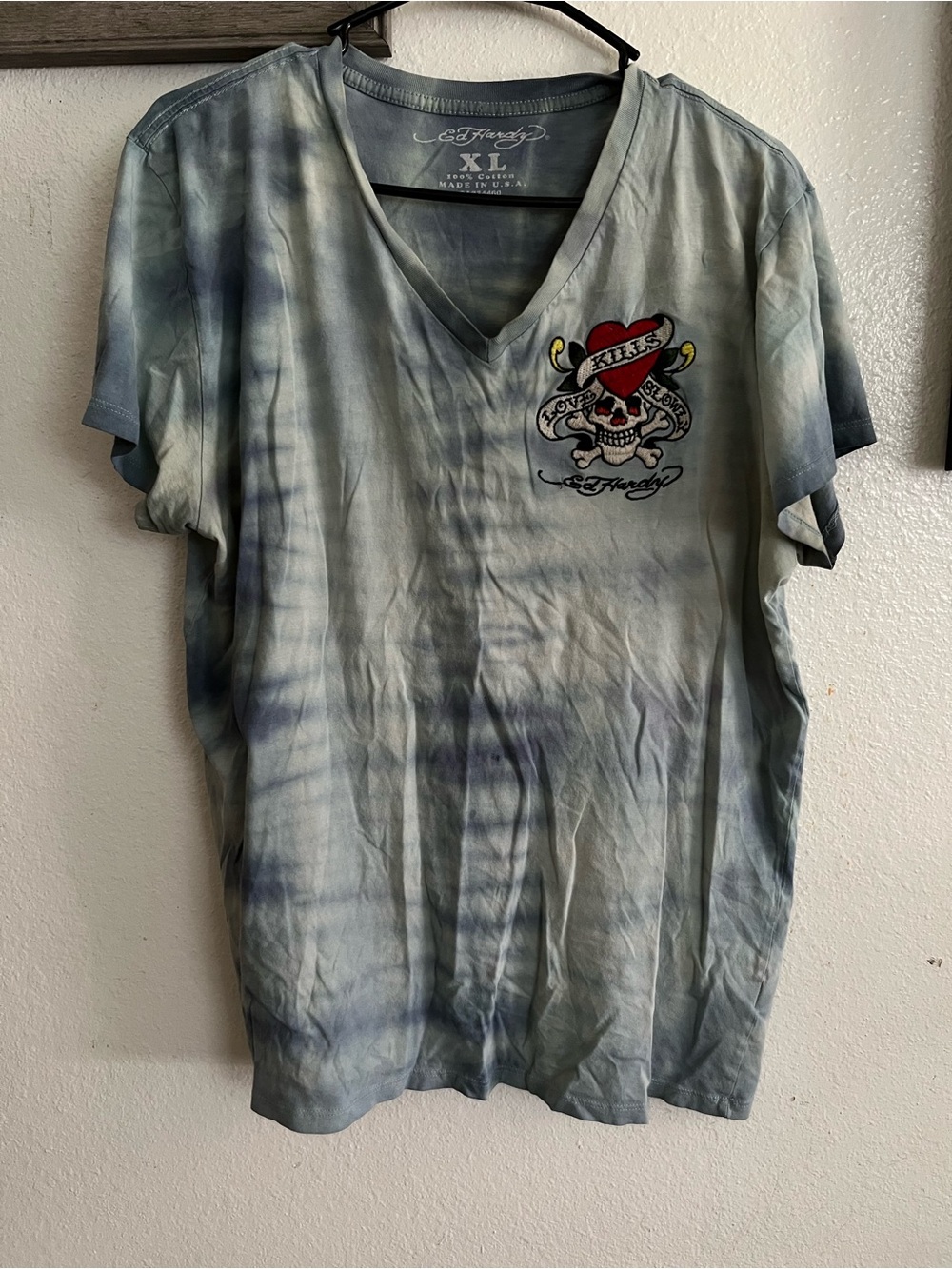 Ed Hardy V-neck blue tie-dye t-shirt